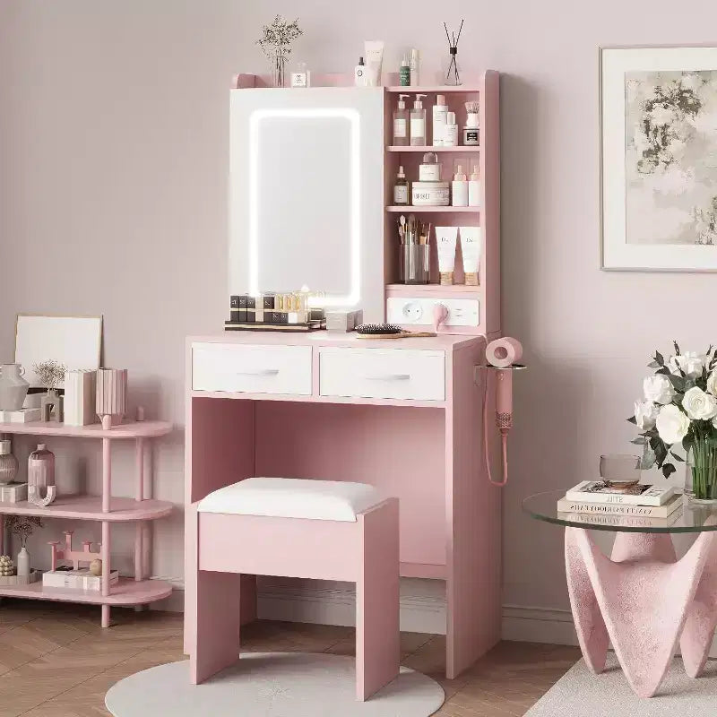 Coiffeuse de Maquillage avec Miroir et Lumières, Table de Maquillage avec Tiroirs et Prise de Courant pour Chambre de Fille Petit Espace