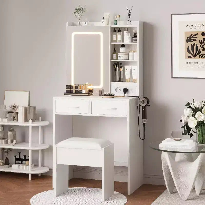 Coiffeuse de Maquillage avec Miroir et Lumières, Table de Maquillage avec Tiroirs et Prise de Courant pour Chambre de Fille Petit Espace