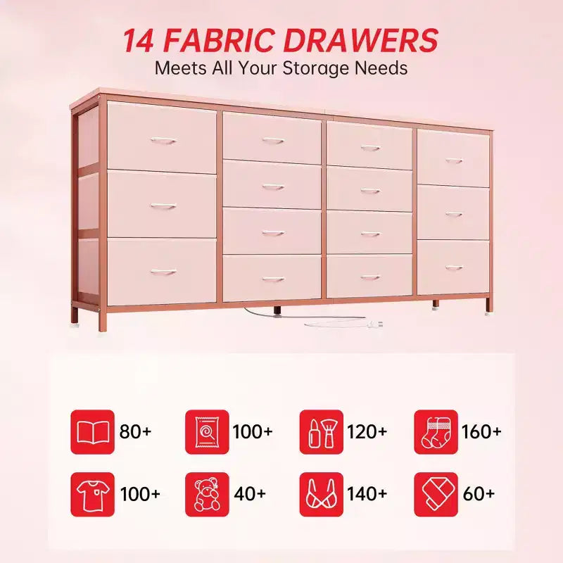Meuble TV large de 63 po en tissu avec 14 tiroirs, grand centre de divertissement pour téléviseurs de 65 à 75 po avec prises électriques intégrées, pour chambre à coucher, penderie, salon