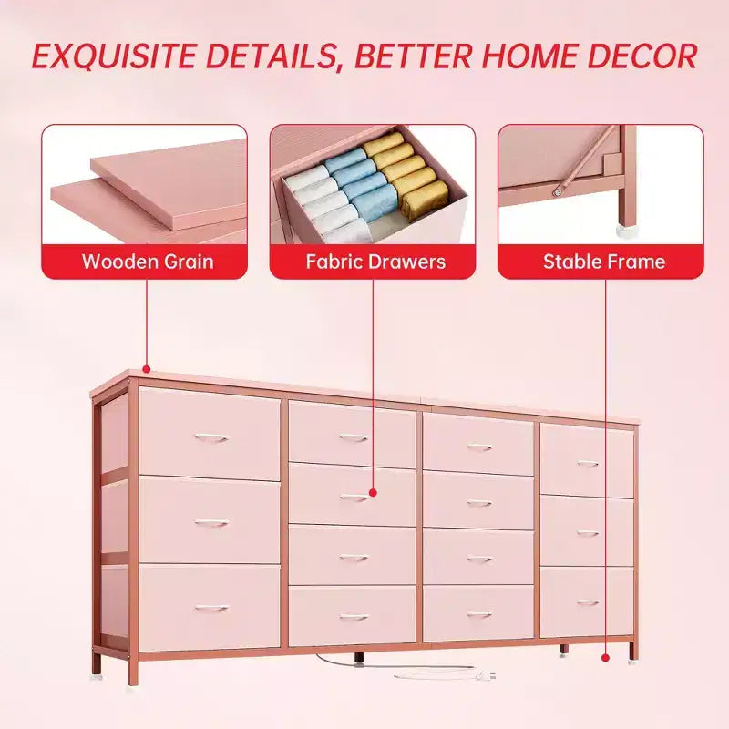 Meuble TV large de 63 po en tissu avec 14 tiroirs, grand centre de divertissement pour téléviseurs de 65 à 75 po avec prises électriques intégrées, pour chambre à coucher, penderie, salon