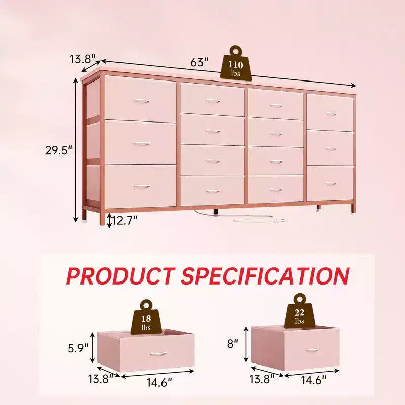 Meuble TV large de 63 po en tissu avec 14 tiroirs, grand centre de divertissement pour téléviseurs de 65 à 75 po avec prises électriques intégrées, pour chambre à coucher, penderie, salon