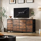 Meuble TV large de 63 po en tissu avec 14 tiroirs, grand centre de divertissement pour téléviseurs de 65 à 75 po avec prises électriques intégrées, pour chambre à coucher, penderie, salon