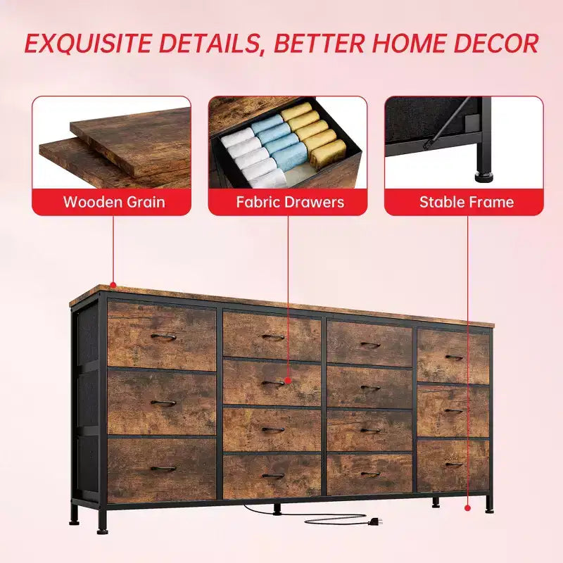 Meuble TV large de 63 po en tissu avec 14 tiroirs, grand centre de divertissement pour téléviseurs de 65 à 75 po avec prises électriques intégrées, pour chambre à coucher, penderie, salon