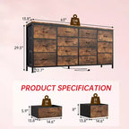 Meuble TV large de 63 po en tissu avec 14 tiroirs, grand centre de divertissement pour téléviseurs de 65 à 75 po avec prises électriques intégrées, pour chambre à coucher, penderie, salon