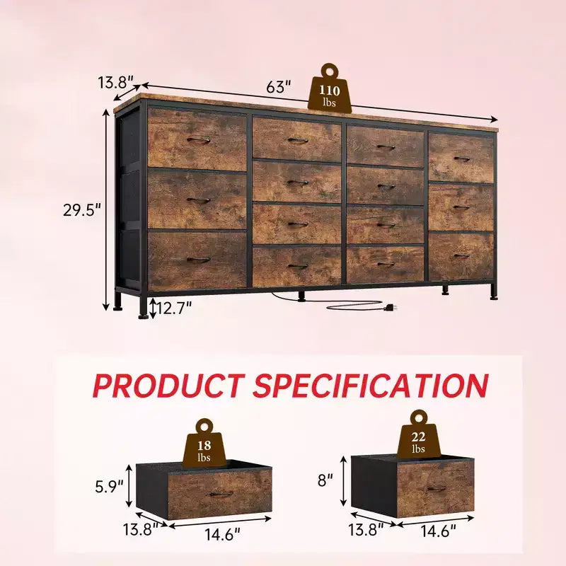 Meuble TV large de 63 po en tissu avec 14 tiroirs, grand centre de divertissement pour téléviseurs de 65 à 75 po avec prises électriques intégrées, pour chambre à coucher, penderie, salon