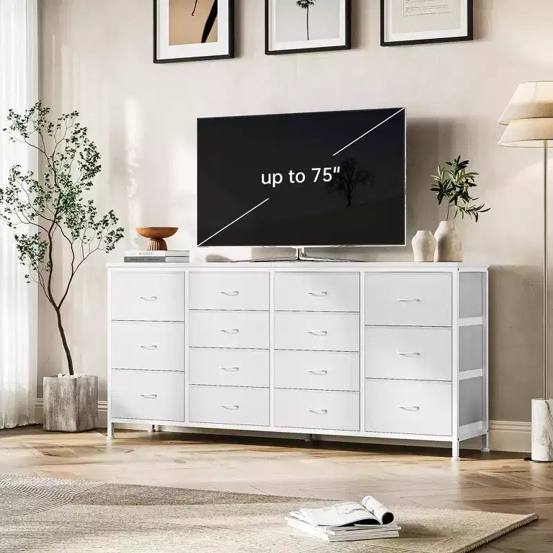 Meuble TV large de 63 po en tissu avec 14 tiroirs, grand centre de divertissement pour téléviseurs de 65 à 75 po avec prises électriques intégrées, pour chambre à coucher, penderie, salon