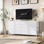 Meuble TV large de 63 po en tissu avec 14 tiroirs, grand centre de divertissement pour téléviseurs de 65 à 75 po avec prises électriques intégrées, pour chambre à coucher, penderie, salon