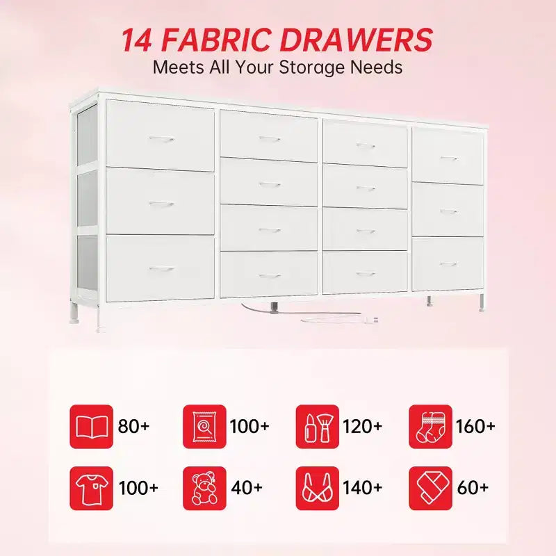 Meuble TV large de 63 po en tissu avec 14 tiroirs, grand centre de divertissement pour téléviseurs de 65 à 75 po avec prises électriques intégrées, pour chambre à coucher, penderie, salon