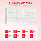 Meuble TV large de 63 po en tissu avec 14 tiroirs, grand centre de divertissement pour téléviseurs de 65 à 75 po avec prises électriques intégrées, pour chambre à coucher, penderie, salon