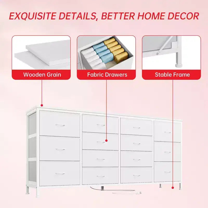 Meuble TV large de 63 po en tissu avec 14 tiroirs, grand centre de divertissement pour téléviseurs de 65 à 75 po avec prises électriques intégrées, pour chambre à coucher, penderie, salon