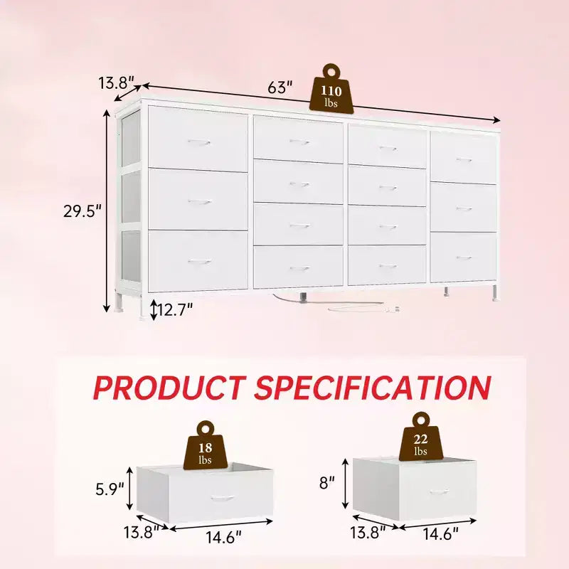 Meuble TV large de 63 po en tissu avec 14 tiroirs, grand centre de divertissement pour téléviseurs de 65 à 75 po avec prises électriques intégrées, pour chambre à coucher, penderie, salon