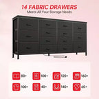 Meuble TV large de 63 po en tissu avec 14 tiroirs, grand centre de divertissement pour téléviseurs de 65 à 75 po avec prises électriques intégrées, pour chambre à coucher, penderie, salon