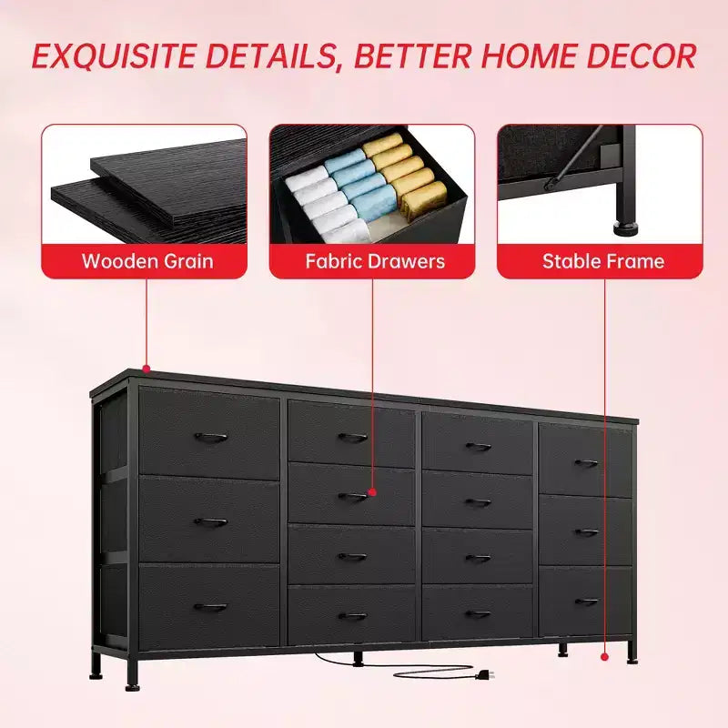 Meuble TV large de 63 po en tissu avec 14 tiroirs, grand centre de divertissement pour téléviseurs de 65 à 75 po avec prises électriques intégrées, pour chambre à coucher, penderie, salon