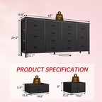 Meuble TV large de 63 po en tissu avec 14 tiroirs, grand centre de divertissement pour téléviseurs de 65 à 75 po avec prises électriques intégrées, pour chambre à coucher, penderie, salon