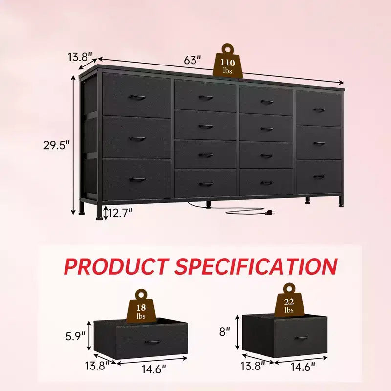 Meuble TV large de 63 po en tissu avec 14 tiroirs, grand centre de divertissement pour téléviseurs de 65 à 75 po avec prises électriques intégrées, pour chambre à coucher, penderie, salon