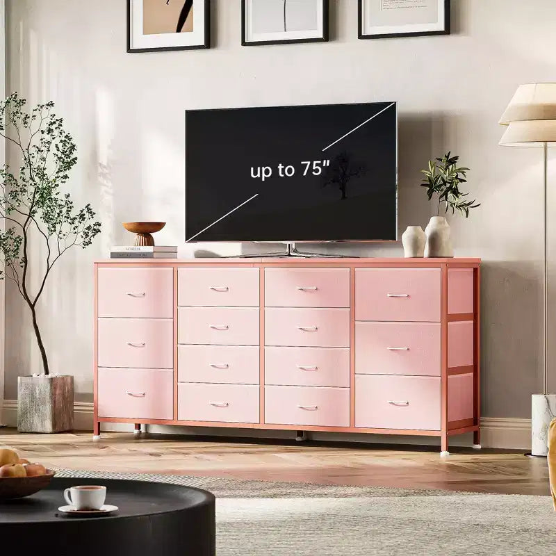 Meuble TV large de 63 po en tissu avec 14 tiroirs, grand centre de divertissement pour téléviseurs de 65 à 75 po avec prises électriques intégrées, pour chambre à coucher, penderie, salon