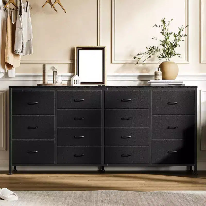 63 Wide Fabric TV Stand with 14 Drawers  Large Entertainment Center for 65-75 Inch TVs with Built-in Power Outlets, for Bedroom Closet Living Room