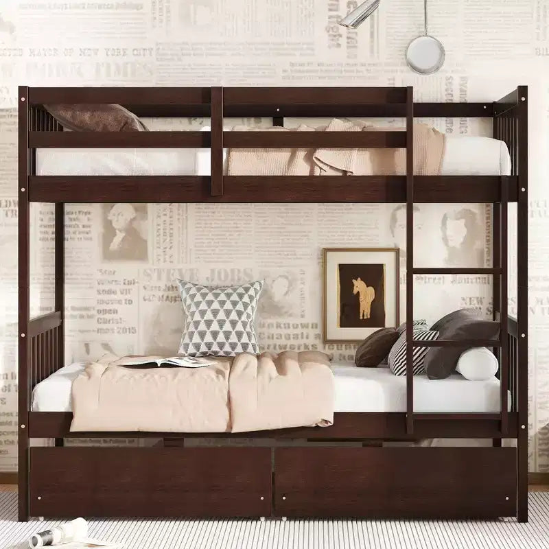 MAYEERTY Twin Rubber Wood Bunk Bed with 2 Drawers Convertible into 2 Twin Beds Ladder Guardrails for Living Room Brown