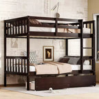 Lit superposé double en bois d'hévéa avec 2 tiroirs convertible en 2 lits jumeaux, échelle et garde-corps pour salon, marron