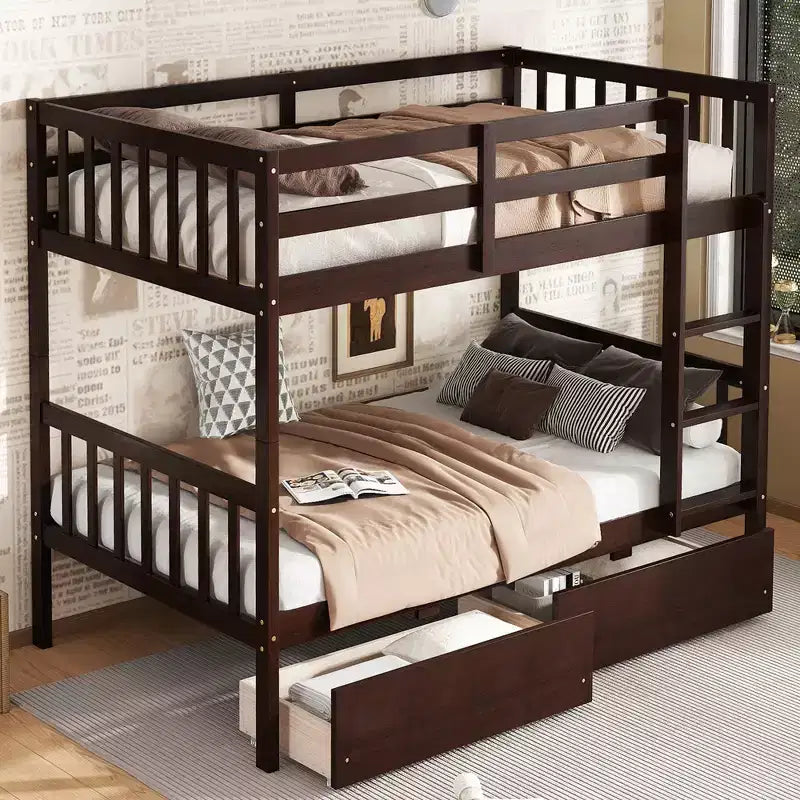 Lit superposé double en bois d'hévéa avec 2 tiroirs convertible en 2 lits jumeaux, échelle et garde-corps pour salon, marron