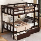 Lit superposé double en bois d'hévéa avec 2 tiroirs convertible en 2 lits jumeaux, échelle et garde-corps pour salon, marron