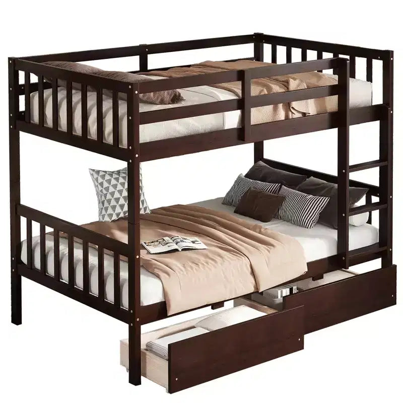 Lit superposé double en bois d'hévéa avec 2 tiroirs convertible en 2 lits jumeaux, échelle et garde-corps pour salon, marron