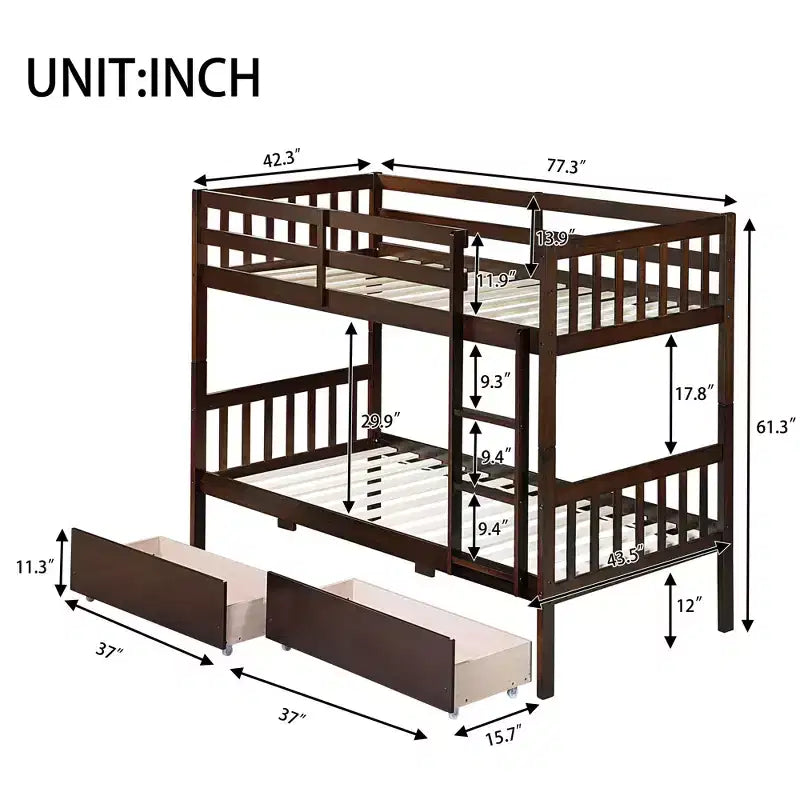 Lit superposé double en bois d'hévéa avec 2 tiroirs convertible en 2 lits jumeaux, échelle et garde-corps pour salon, marron