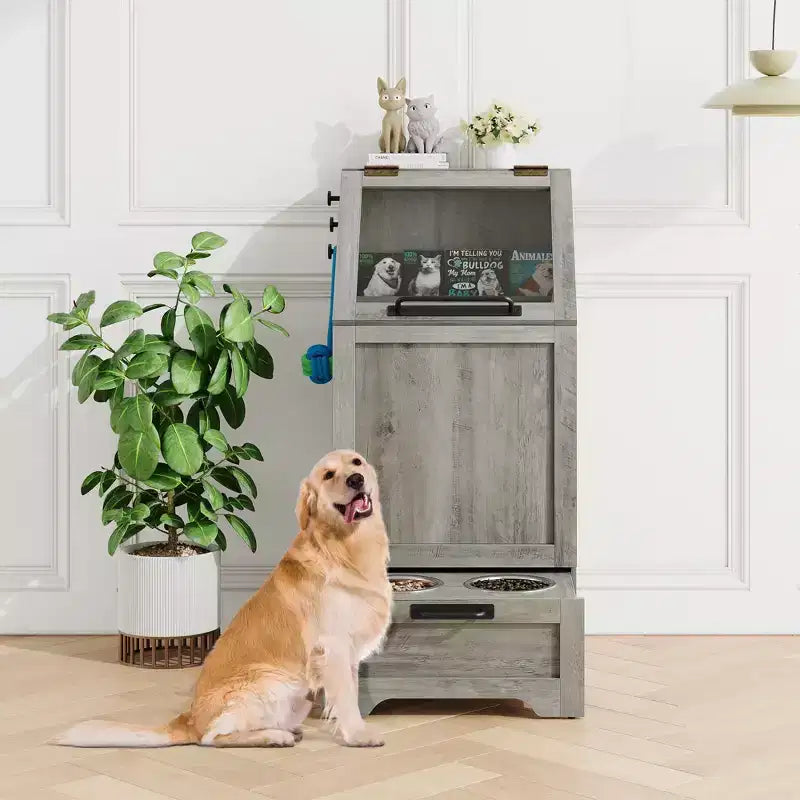Station d'alimentation pour chien avec gamelles surélevées et meuble de rangement, mangeoire pour animaux et fournitures d'arrosage, organisateur de nourriture pour chien