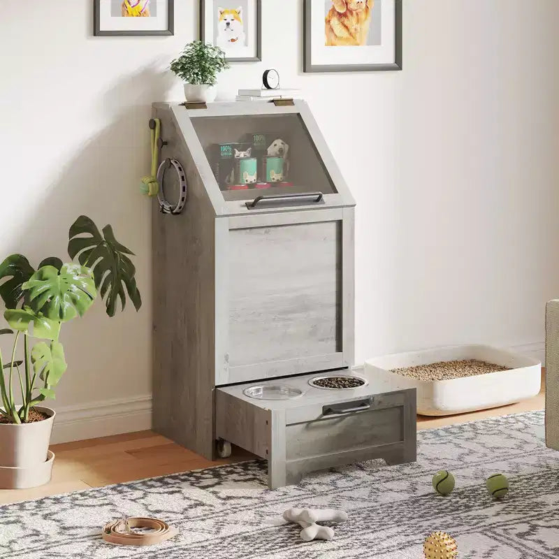 Station d'alimentation pour chien avec gamelles surélevées et meuble de rangement, mangeoire pour animaux et fournitures d'arrosage, organisateur de nourriture pour chien