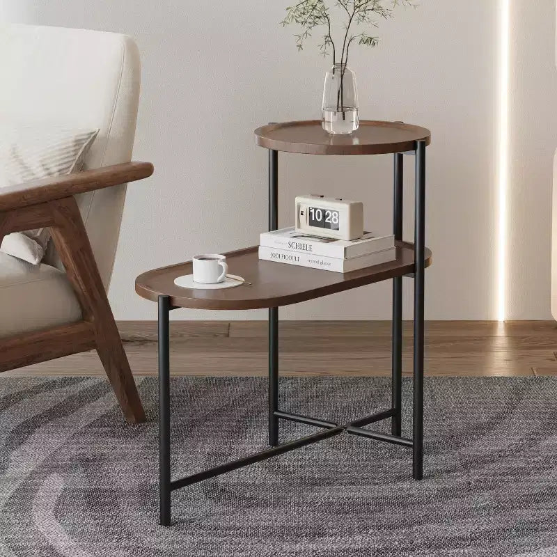 JVNOXK Small Coffee Tables 2-tier Modern Sofa Side Table with Wood Storage Shelf Living Room End Tables Nightstands (Walnut Brown)