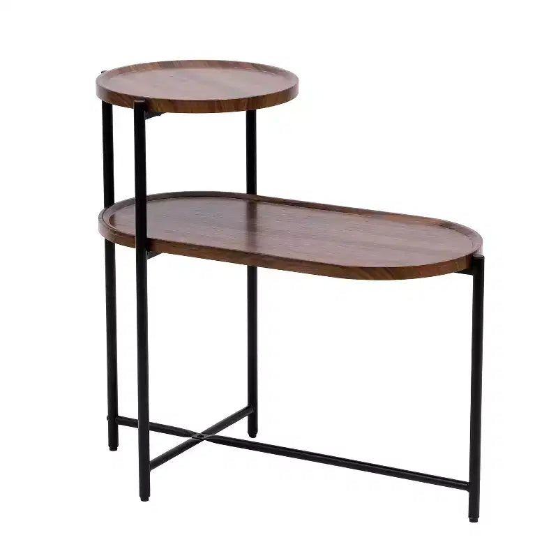 Petites tables basses Table d'appoint moderne à 2 niveaux avec étagère de rangement en bois Tables d'appoint de salon Tables de chevet (Noyer brun)