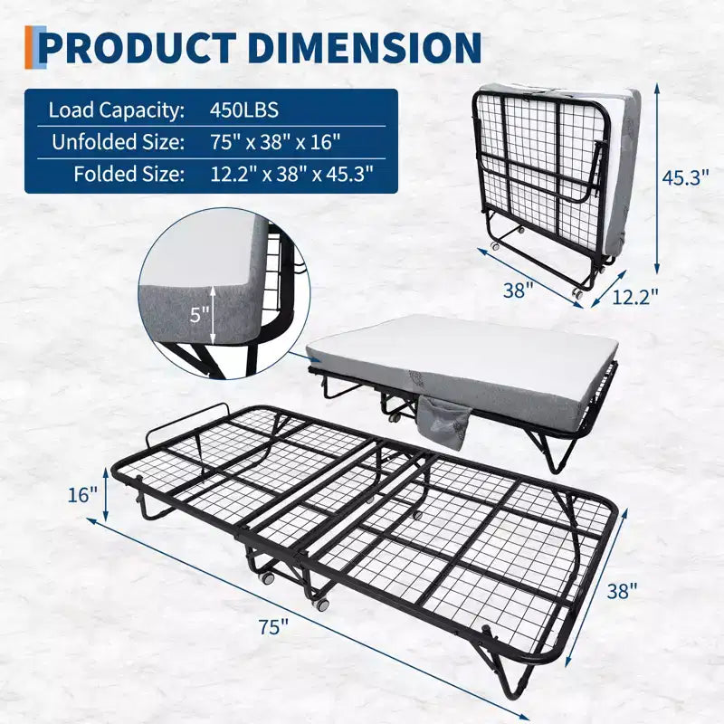Lit pliant avec matelas, cadre métallique robuste, supporte jusqu'à 204 kg pour chambre d'amis ou bureau