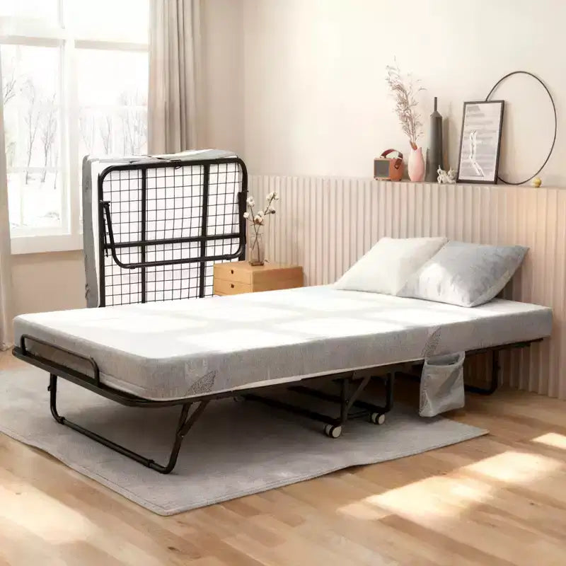 Lit pliant avec matelas, cadre métallique robuste, supporte jusqu'à 204 kg pour chambre d'amis ou bureau