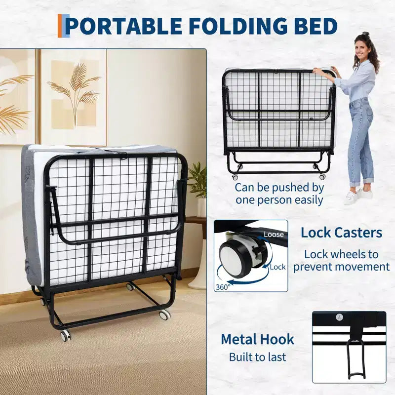 Lit pliant avec matelas, cadre métallique robuste, supporte jusqu'à 204 kg pour chambre d'amis ou bureau