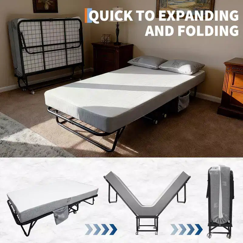 Lit pliant avec matelas, cadre métallique robuste, supporte jusqu'à 204 kg pour chambre d'amis ou bureau