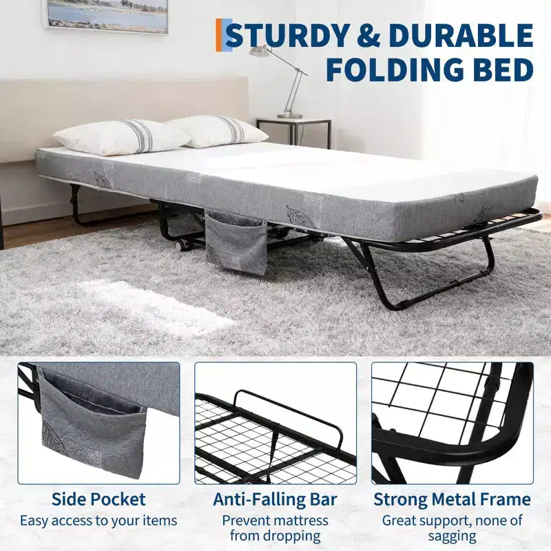 Lit pliant avec matelas, cadre métallique robuste, supporte jusqu'à 204 kg pour chambre d'amis ou bureau