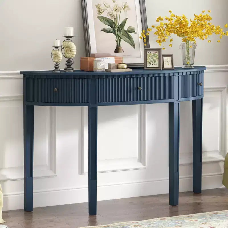 Console cannelée avec rangement, table d'entrée en bois avec tiroir et quatre pieds, table de couloir demi-lune