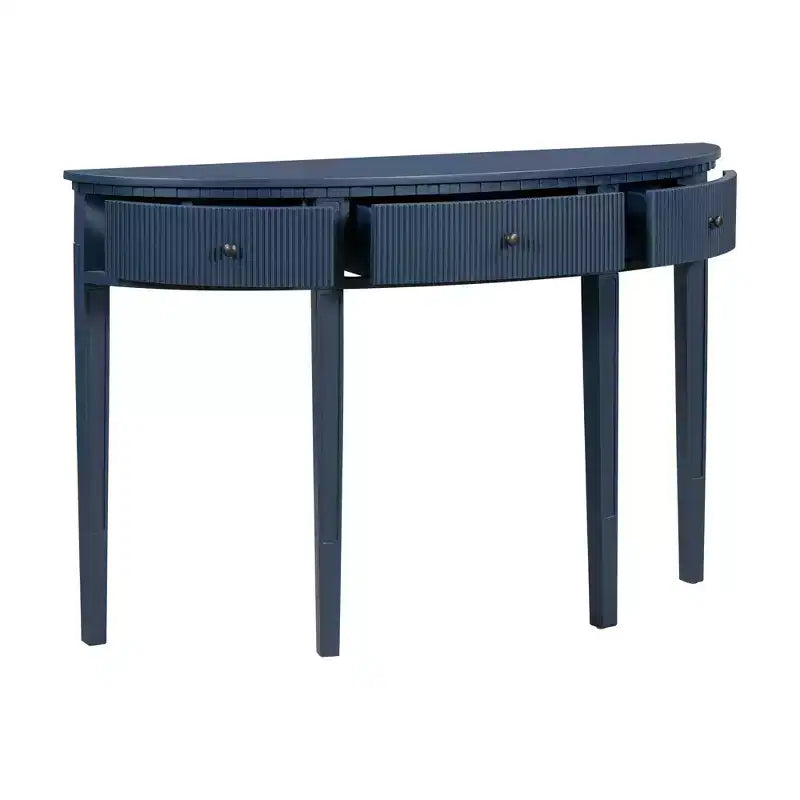 Console cannelée avec rangement, table d'entrée en bois avec tiroir et quatre pieds, table de couloir demi-lune