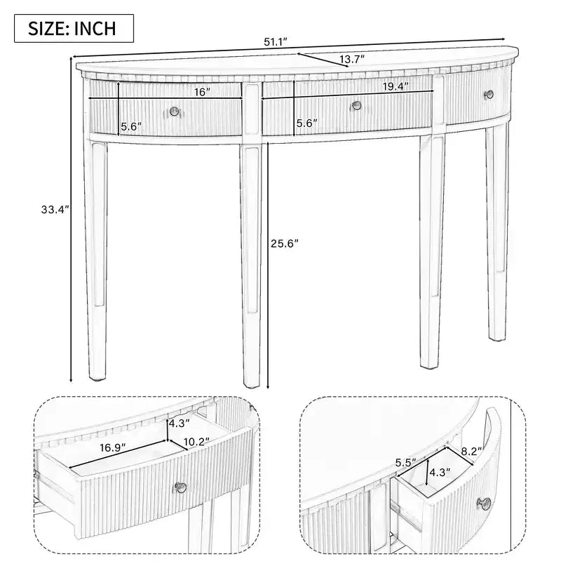 Console cannelée avec rangement, table d'entrée en bois avec tiroir et quatre pieds, table de couloir demi-lune