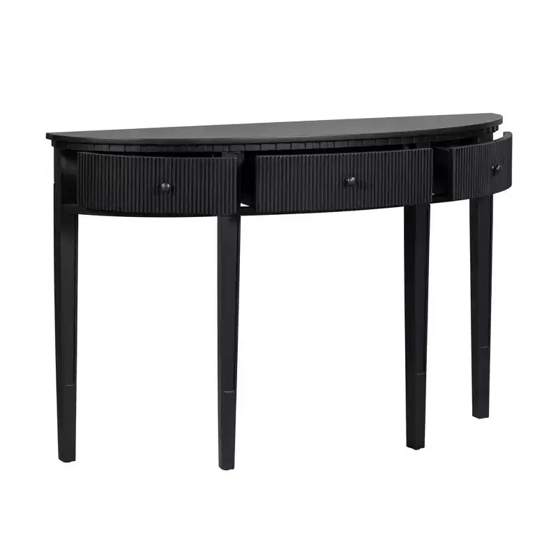 Console cannelée avec rangement, table d'entrée en bois avec tiroir et quatre pieds, table de couloir demi-lune