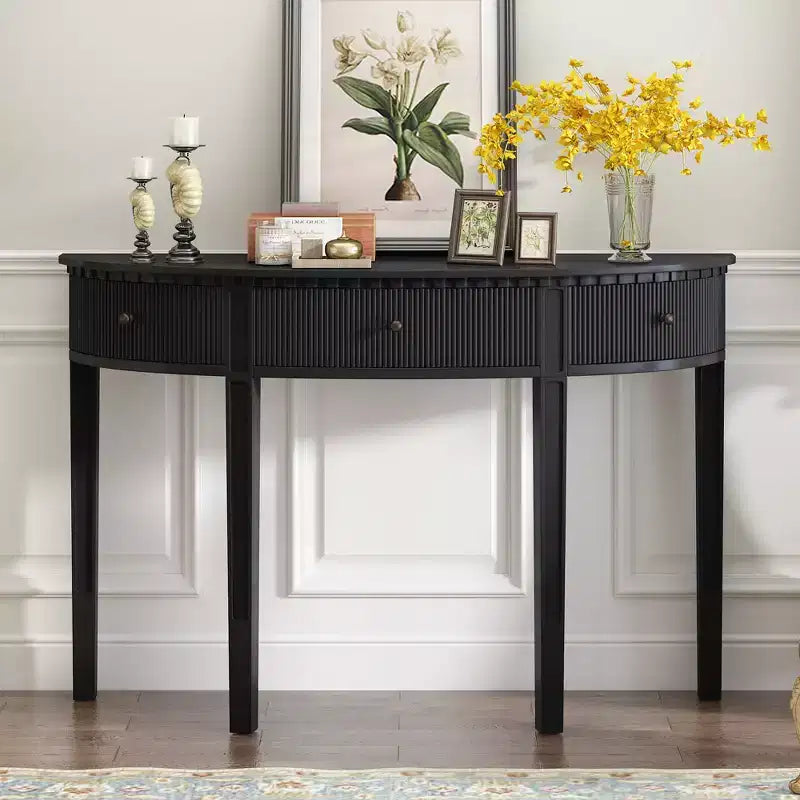 Fluted Console Table with Storage, Wood Entryway Table with Drawer and Four Legs, Half Moon Hallway Table