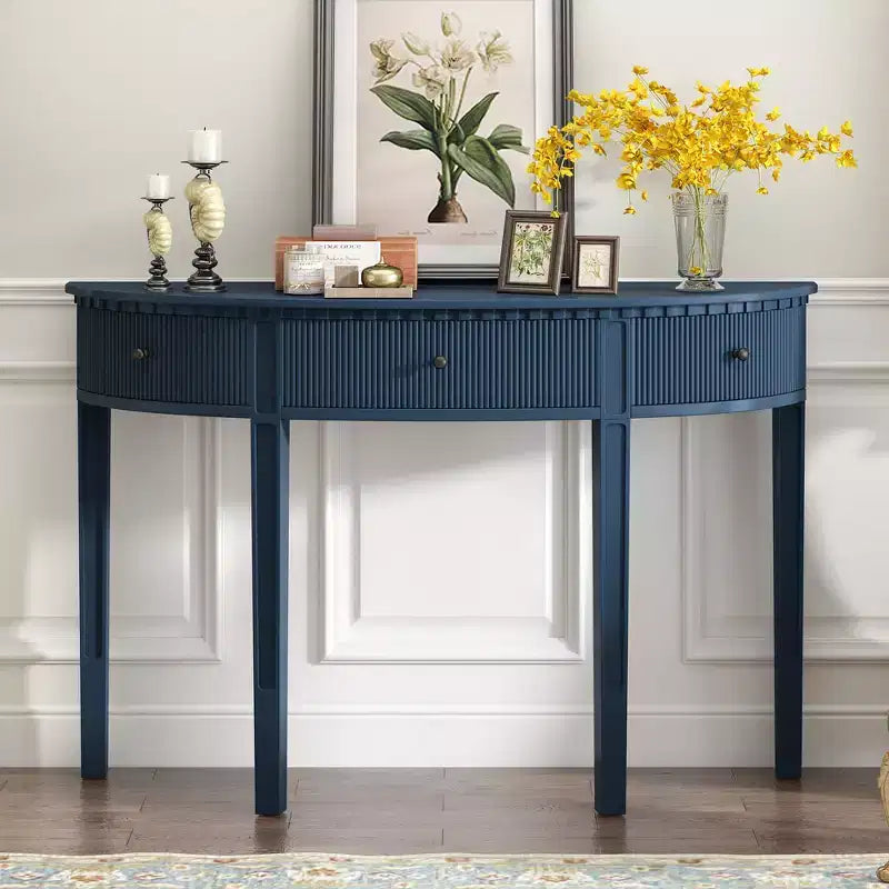 Console cannelée avec rangement, table d'entrée en bois avec tiroir et quatre pieds, table de couloir demi-lune