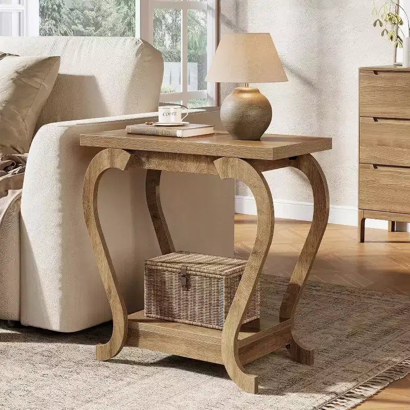 Table d'appoint à 2 niveaux, Table d'appoint étroite en bois, Meuble d'appoint de chevet pour salon, petits espaces, chambre à coucher, Marron