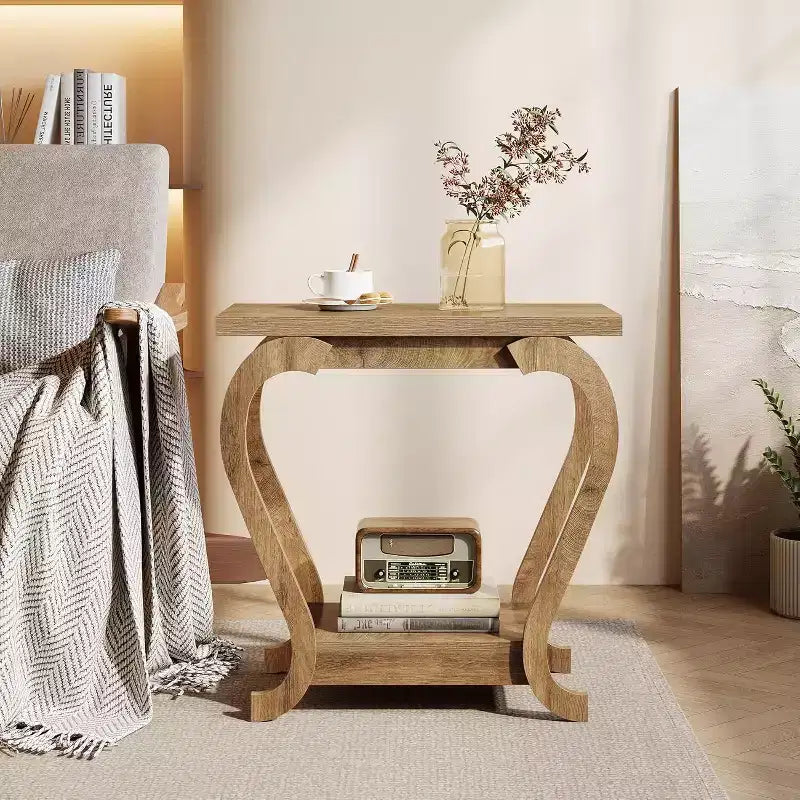 Table d'appoint à 2 niveaux, Table d'appoint étroite en bois, Meuble d'appoint de chevet pour salon, petits espaces, chambre à coucher, Marron