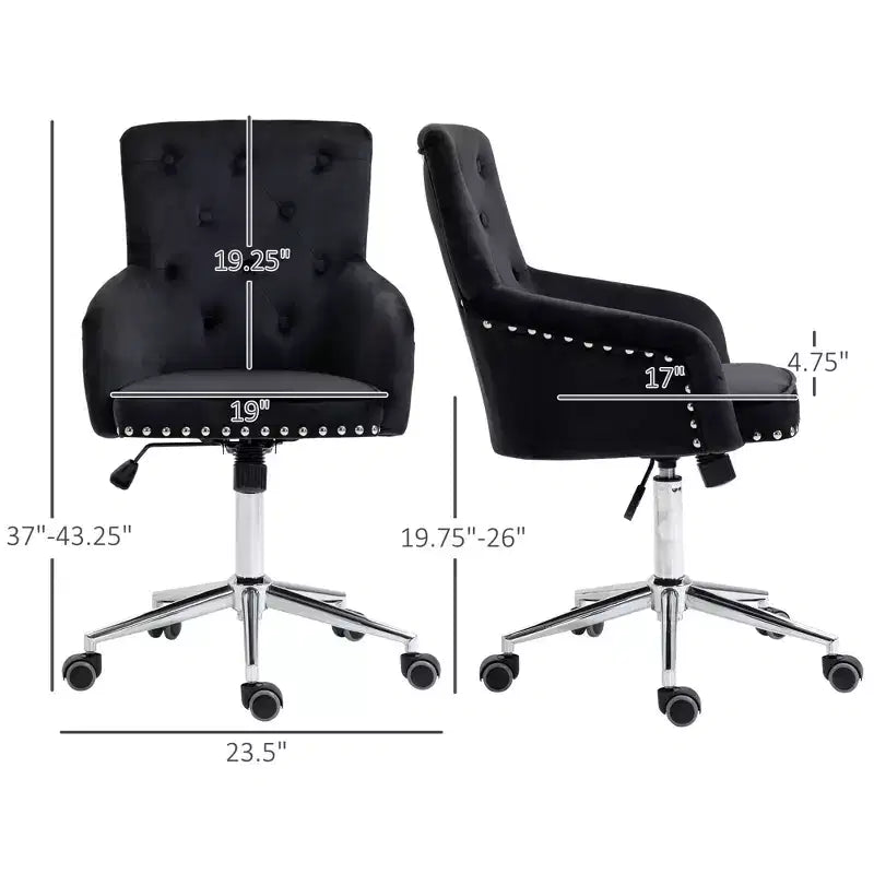Chaise de bureau moderne mi-dossier avec dossier en velours capitonné, garniture cloutée, fauteuil de bureau pivotant réglable en hauteur, accoudoirs incurvés rembourrés