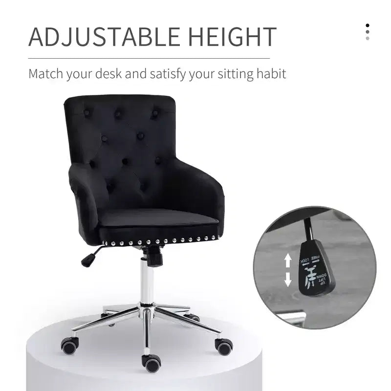 Chaise de bureau moderne mi-dossier avec dossier en velours capitonné, garniture cloutée, fauteuil de bureau pivotant réglable en hauteur, accoudoirs incurvés rembourrés