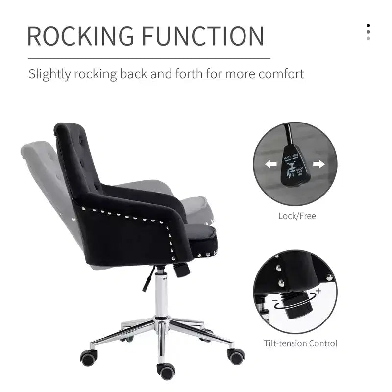 Chaise de bureau moderne mi-dossier avec dossier en velours capitonné, garniture cloutée, fauteuil de bureau pivotant réglable en hauteur, accoudoirs incurvés rembourrés