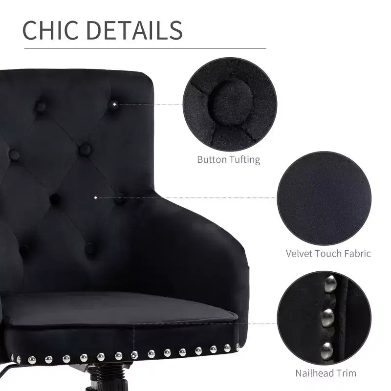 Chaise de bureau moderne mi-dossier avec dossier en velours capitonné, garniture cloutée, fauteuil de bureau pivotant réglable en hauteur, accoudoirs incurvés rembourrés