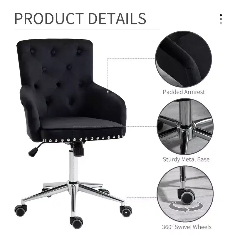 Chaise de bureau moderne mi-dossier avec dossier en velours capitonné, garniture cloutée, fauteuil de bureau pivotant réglable en hauteur, accoudoirs incurvés rembourrés