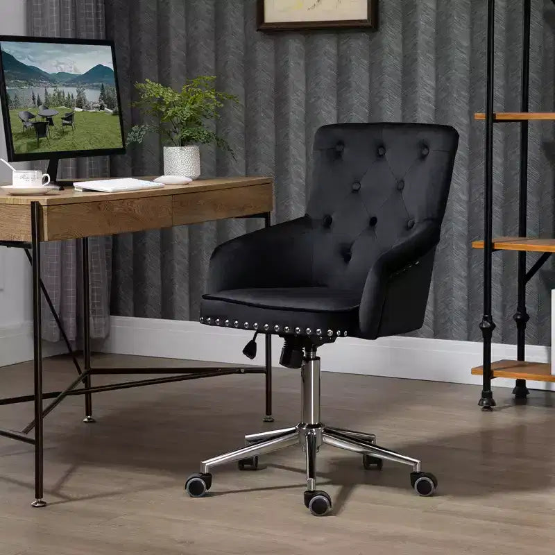 Chaise de bureau moderne mi-dossier avec dossier en velours capitonné, garniture cloutée, fauteuil de bureau pivotant réglable en hauteur, accoudoirs incurvés rembourrés